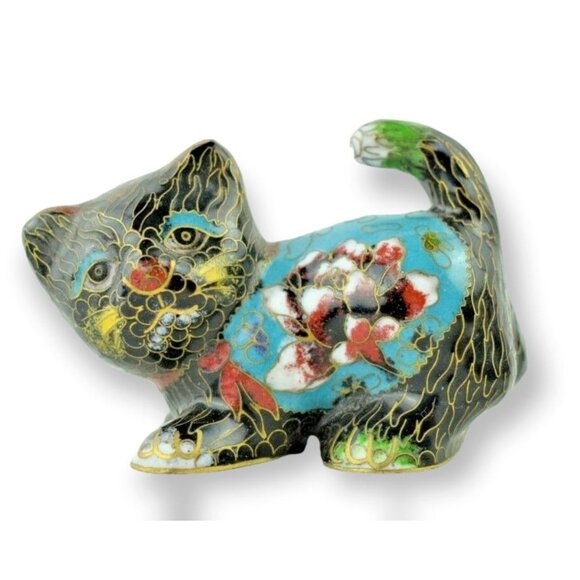 Vintage Decorative Ornate Cloisonné Miniature Enamel Cat Painted Brass 3.5 inche - Picture 1 of 8